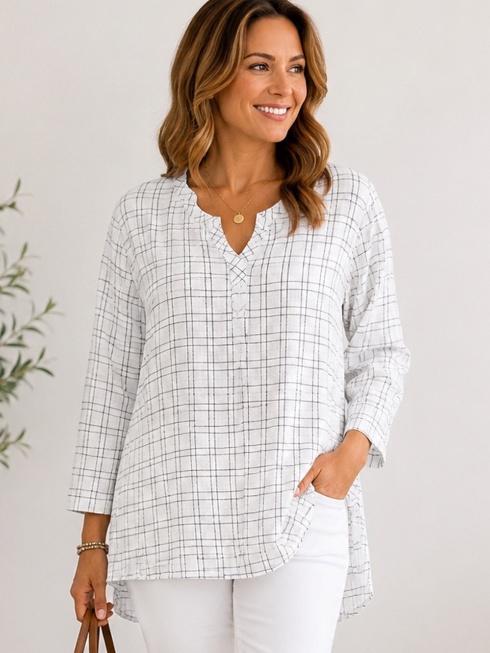 Orvis Passport XL White Windowpane Plaid Tunic Top Long Sleeve Lightweight